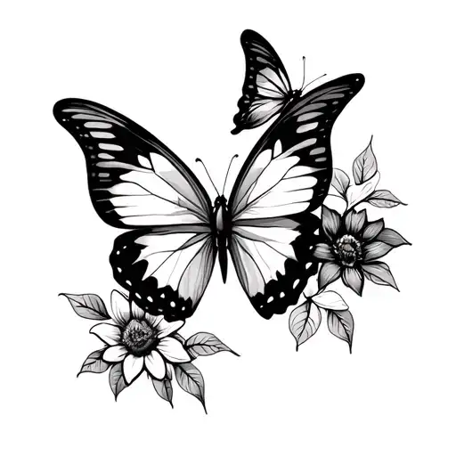 Butterflies With Flowers Lineart
