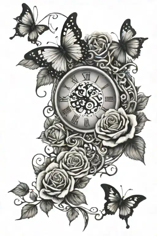 Butterflys Roses Vines Wrapping Clock Embedded