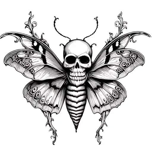 Moth With Skull In Wings Surrounded By Filigree Lines