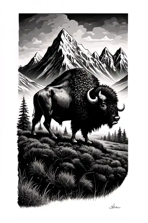 Half Sleeve Featuring Bison With Mountains In The Background