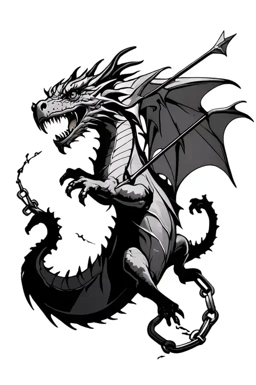 Dragon Flying Up With Broken Shackles Around Its Hind Leg With An Arrow Sticking Out Of Its Side