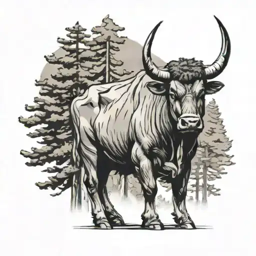 Stoic Bull Standing Tall Pine Trees