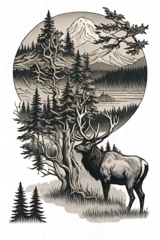 River With Bull Elk Standing In It Going Through Trees With Mount Rainier In The Background