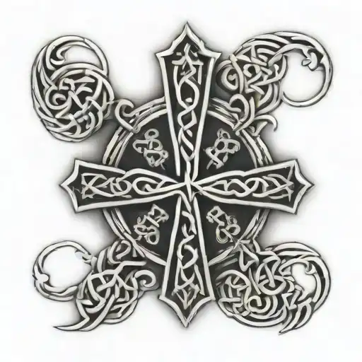 The Word Mackinnon In Cursive Surrounded By A Cross And The Celtic Symbol For Family