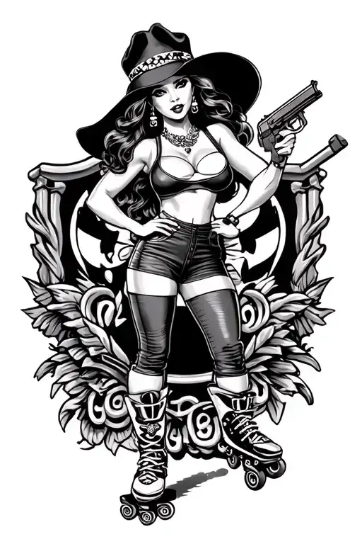 Chicano Girl Waitress With Roller Blades And Gun Tattooed