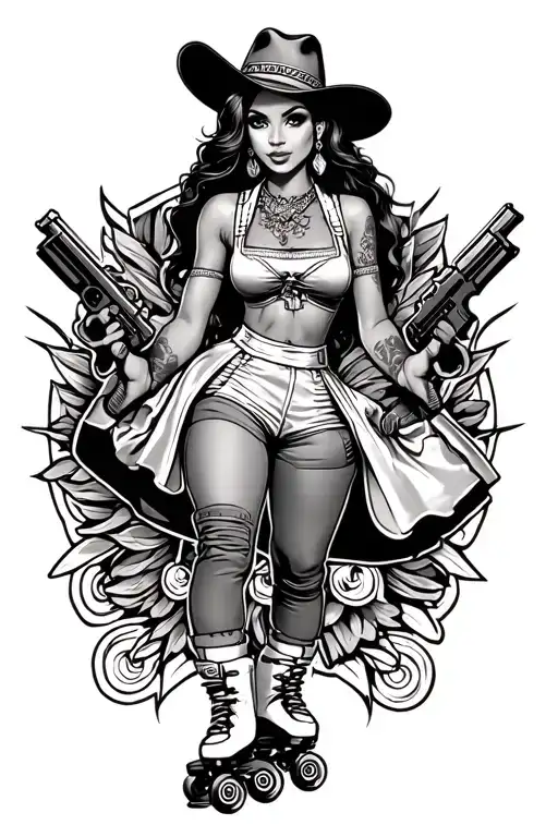 Chicano Girl Waitress With Roller Blades And Gun Tattooed