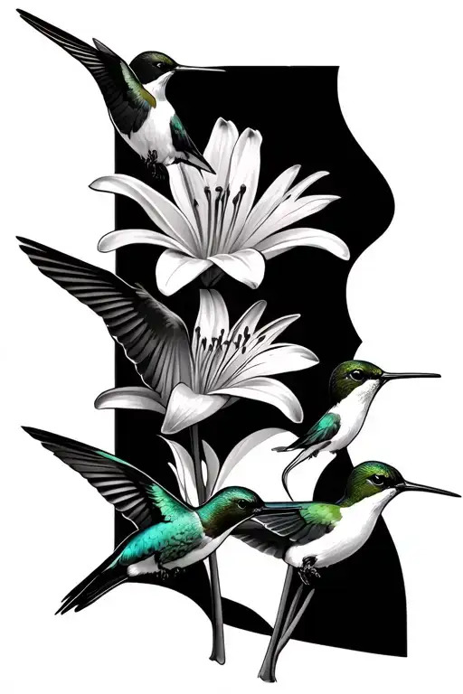 3 Hummingbirds In A Row In Front Of A Lily Flower Blooming