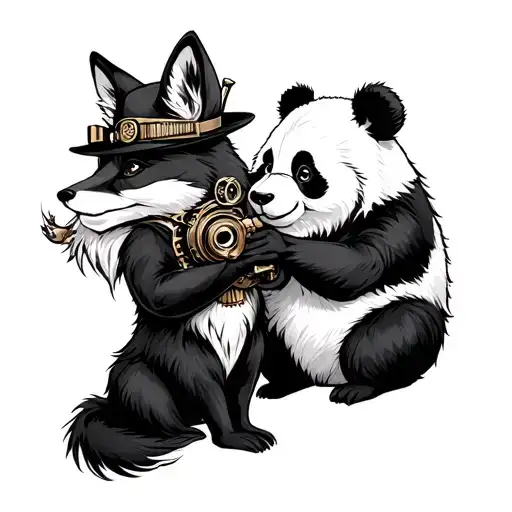 Fine Line Steampunk Fox And Panda Playing