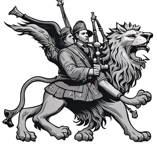Scottish Rampant Lion With Lone Piper Leading Humans