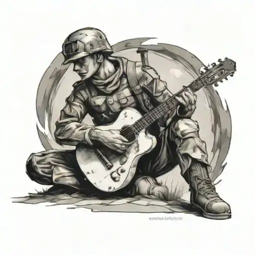 Soldier In The Middle Of A Battlefield Playing His Guitar