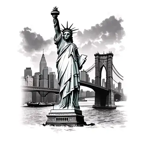 Statue Of Liberty With Brooklyn Bridge At The Bottom