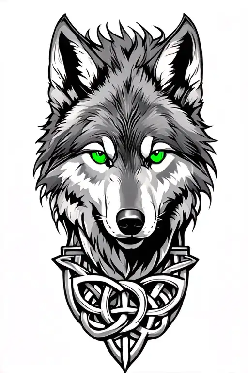 Wolf With Green Eyes On Armor Tattoo Design Featuring Celtic Trinity Knot