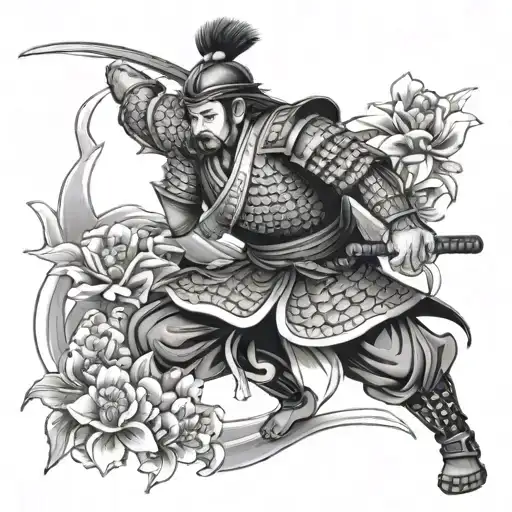 Japanese Style Samurai Warrior With Kio Fish And Flowers