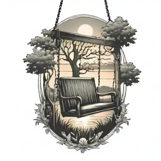 Porch Swing With View Of Trees And Sunset