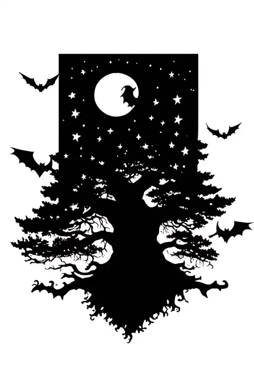 Tree With Roots And 2 Bats Flying Across And Moon Surrounded By 21 Stars