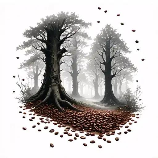 A Mystical Forest Scene With Coffee Beans Scattered Throughout
