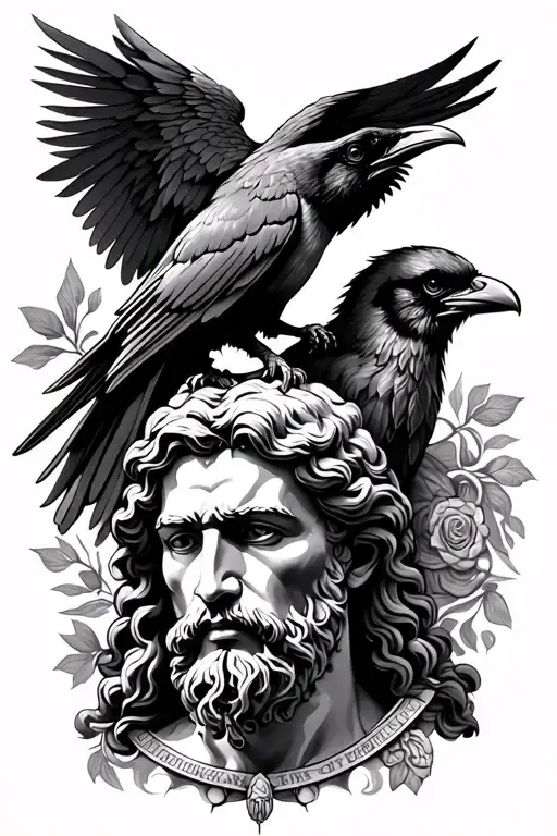 Roman Themed Forearm Tattoo With Zeus Along With A Crow And Other Roman Empire Themed Stuff