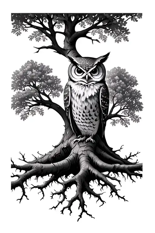 Oak Tree With Roots And Owl Sitting