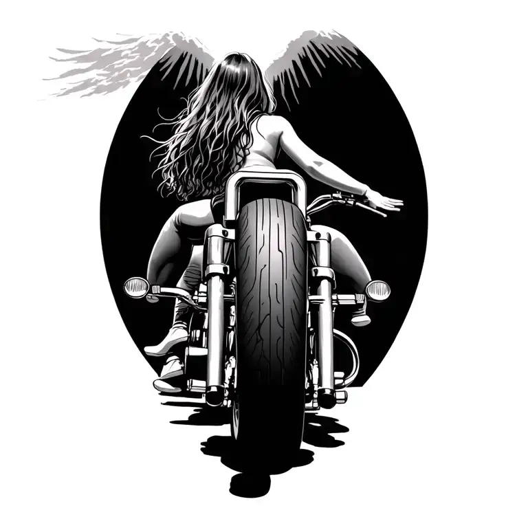 Back View Of Motorcycle Going Away To Heaven Back Of Girl Showing With Arms Spread Out Not Realism
