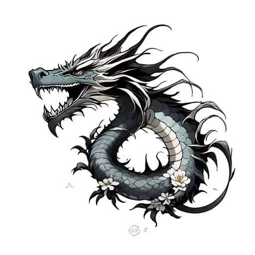 Dragon Back Tattoo With Cherry Blossem