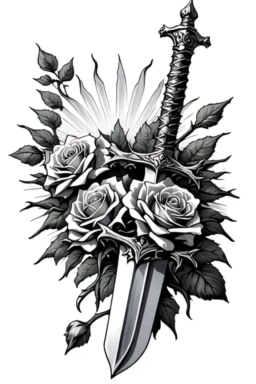 Sword With Barbed Roses Wrapped With Sun Glaring Background