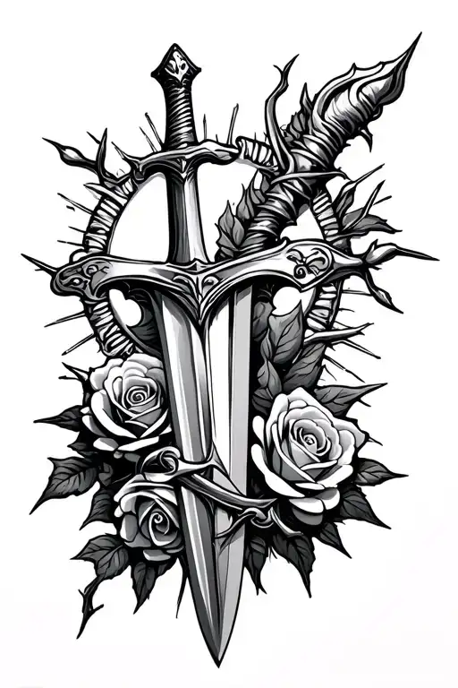 Sword With Barbed Roses Wrapped With Sun Glaring Background