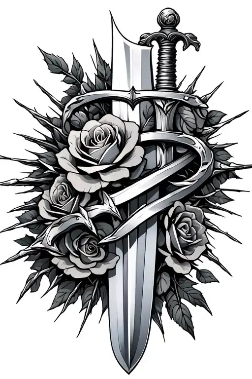 Sword With Barbed Roses Wrapped With Sun Glaring Background