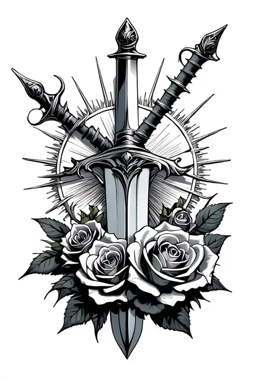 Sword With Barbed Roses Wrapped With Sun Glaring Background