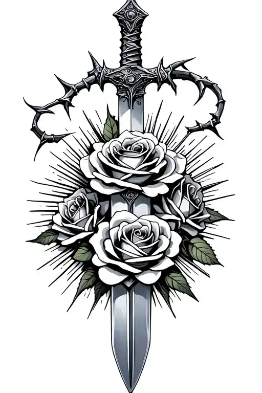 Sword With Barbed Roses Wrapped With Sun Glaring Background