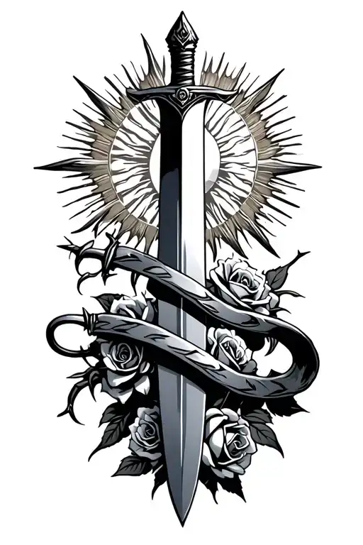 Sword With Barbed Roses Wrapped With Sun Glaring Background