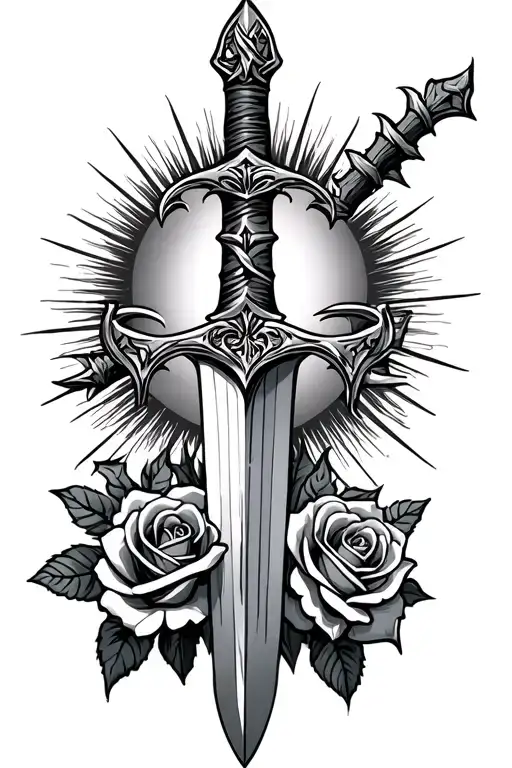 Sword With Barbed Roses Wrapped With Sun Glaring Background