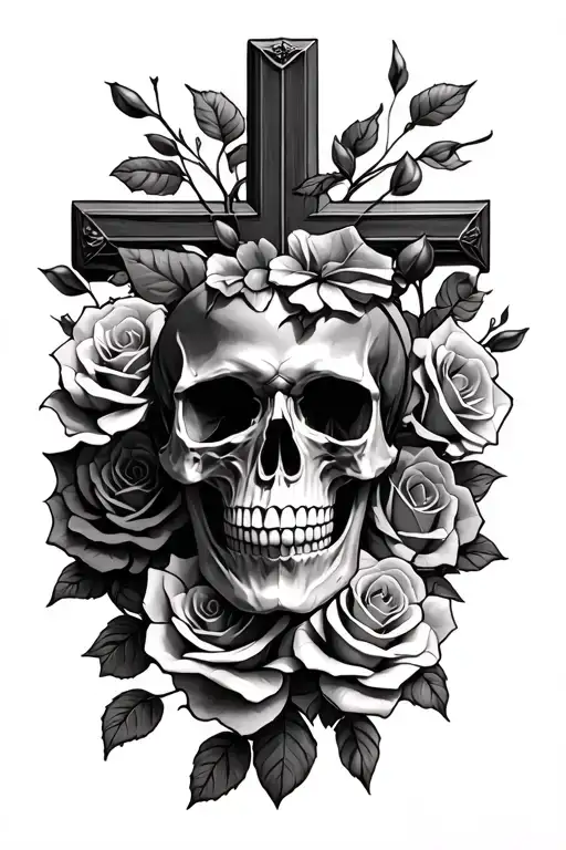 Skull And Roses And A Cross And Falling Rose Pedals