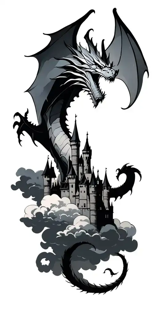 Dragon Flying Between Clouds With Castle