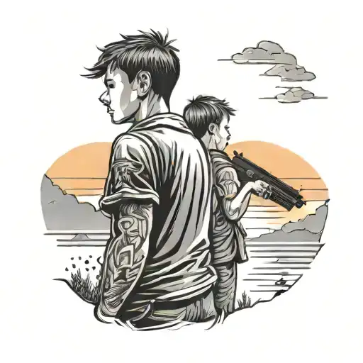 Two Boys Standing Watching The Sunset Having Gun On The Shoulder