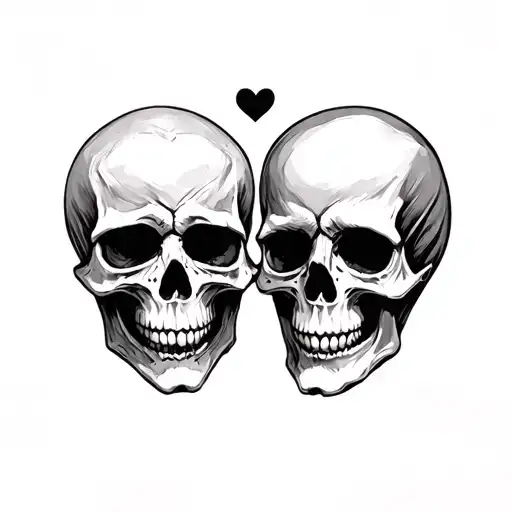 Female And Male Skulls In Love Black And White Drawing