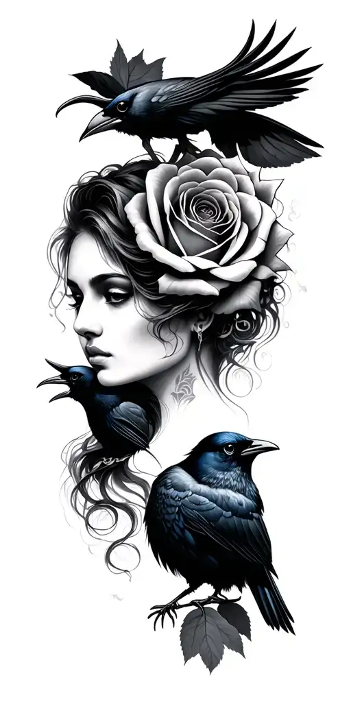 Rose Woman Face Next To Crows