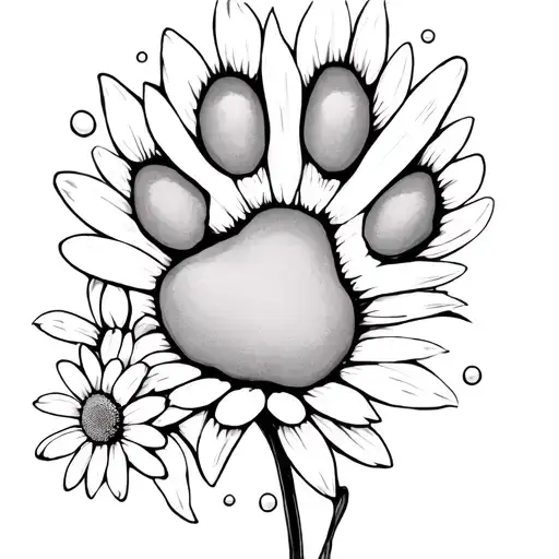 Dog Paw Print With Daisy Flower With Floating Petals