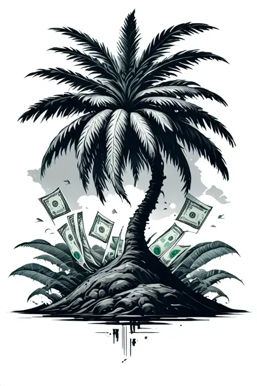 Cyberpunk Style Palm Tree Tattoo Design With Dollars