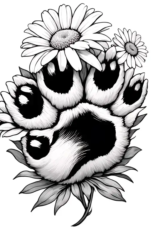 Dog Paw Print Below Daisy Flower With Floating Petals
