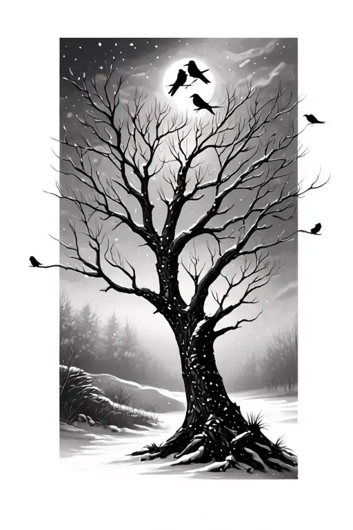 Winter Tree With 3 Birds