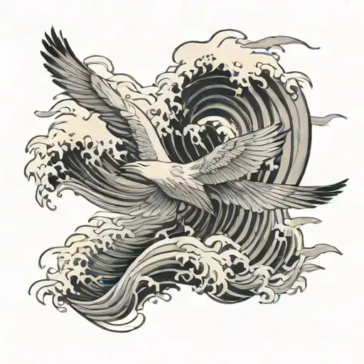 Japanese Waves With Crane Gracefully Flying