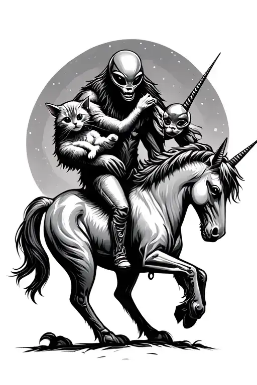 Alien Holding A Kitten While Abducting A Sasquatch Riding A Unicorn