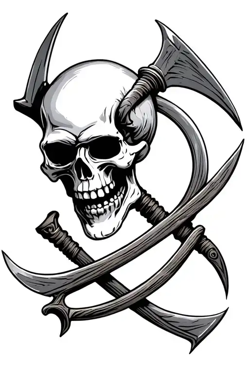 Grinning Skull With Crossed Antique Scythes