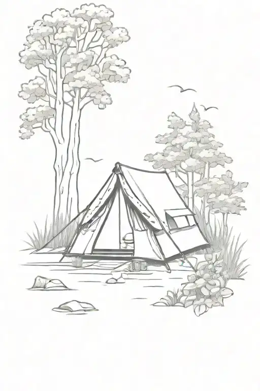 Camp Tent In Forest Surrounded By Flowers And Greenery