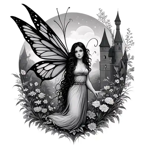 Fairy In A Garden With Kingdom In Background