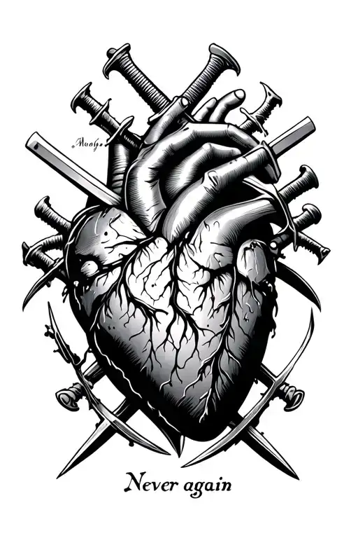Heart Bruised And Pierced By Swords With Lettering In The Background Marked 'Never Again'