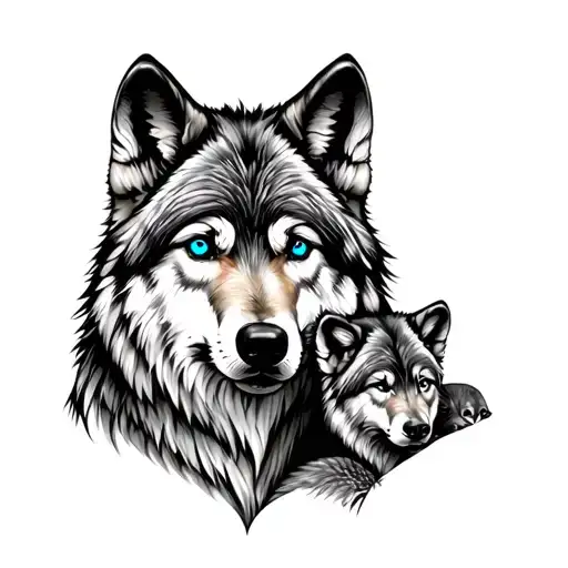 Wolf With Two Cubs And Blue Eyes