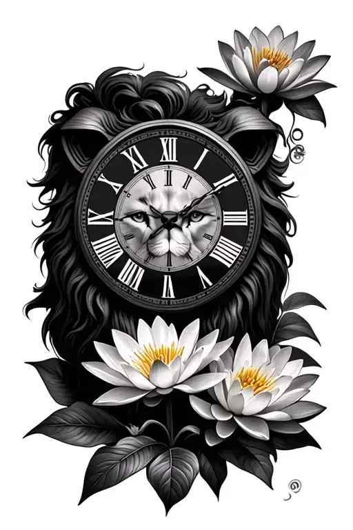 Lion Roman Numeral Clock Water Lilly Flowers