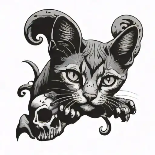 Kitten On The Skull Paired Tattoos In The Style Of Minimalism