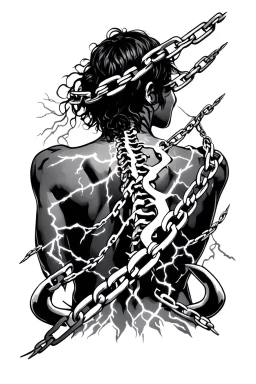 The Combination Of The Chain And Lightning Is At The Level Of The Spine From The Whole Back